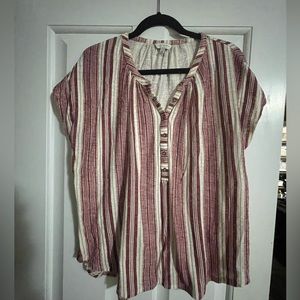 Lucky Brand Women's Cream / Brick Red Short Sleeve Striped Shirt Loose Fit sz L